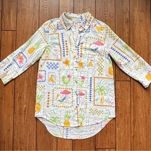 Calypso St. Barth White Tropical Patchwork Button-Up Blouse Size S